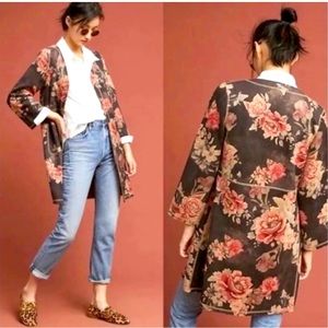 SOLITAIRE Anthropology Floral Rose Faux Suede Open Front Duster Jacket Size L